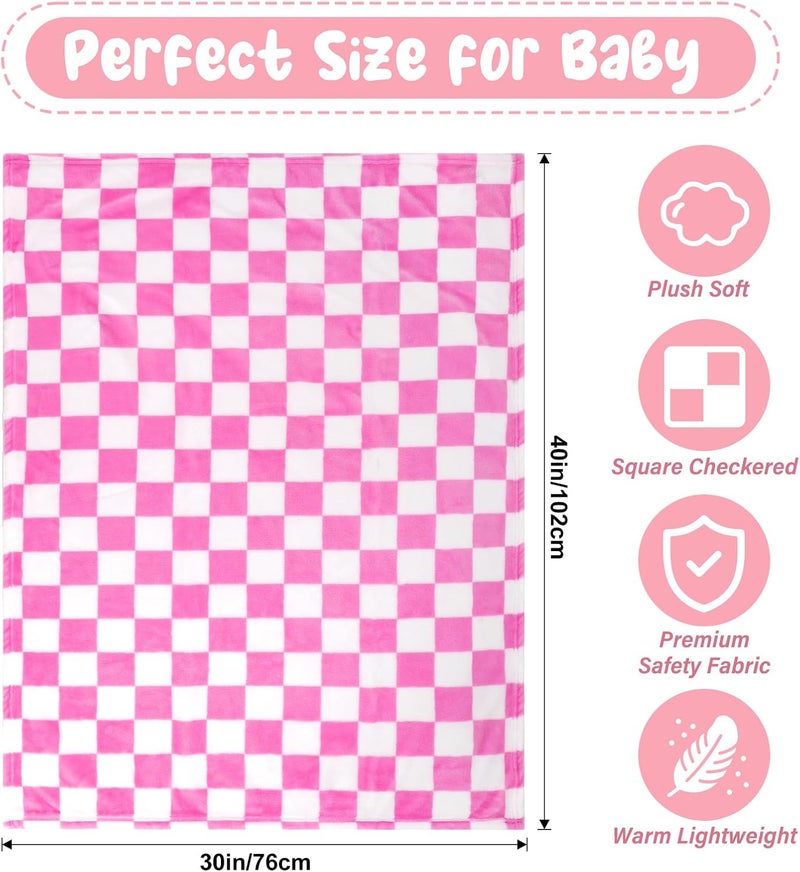 GreatBba Plush Checkered Baby Blanket for Boys Girls Nursery, 30"*40" Warm Short Fleece Blanket Neutral for Infant Newborn, Small Fuzzy for Sleeping, Chenille Baby for Stroller (Pink&White) - Image 5